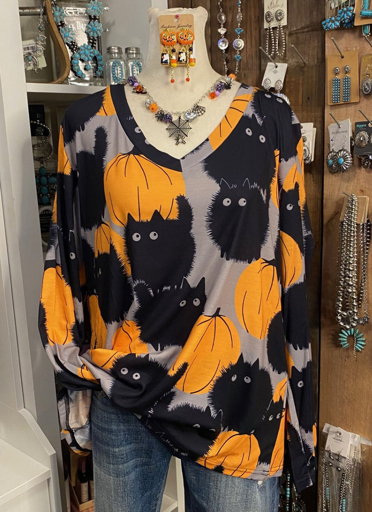 Pumpkin Cat V Neck Top