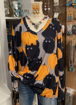 Pumpkin Cat V Neck Top