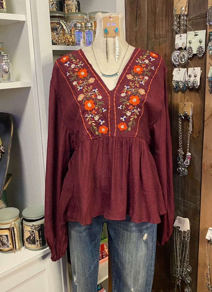 Embroidered V Neck Top
