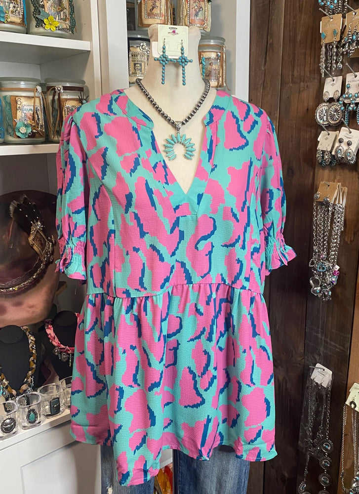 Teal Pink V Neck Top