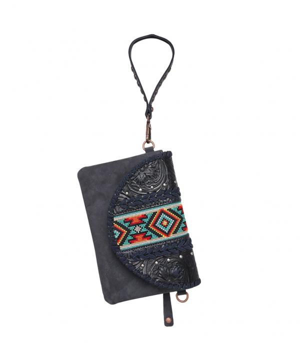 Leather Tooled Navy Wristlet